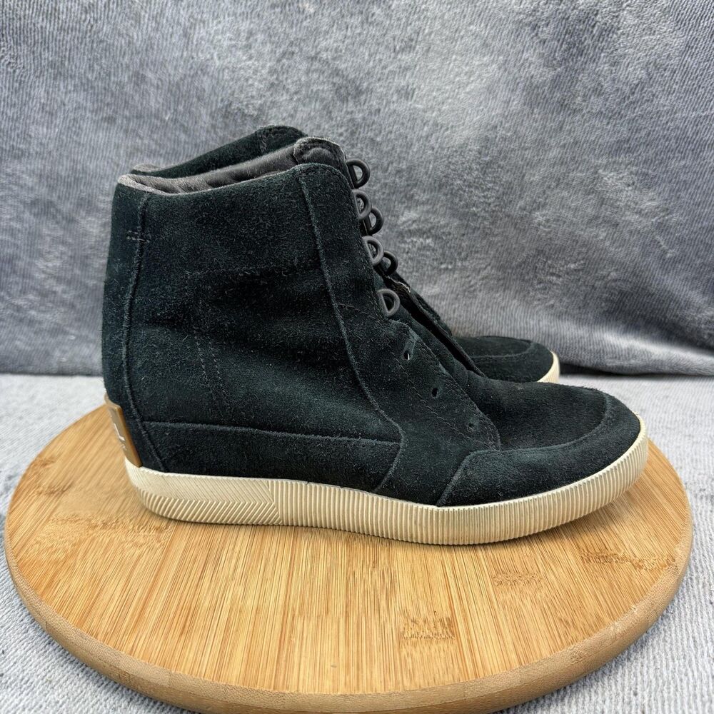 Sorel Boots Womens Size 7.5 Black Suede Wedge Lace Up Ankle Booties NL4913-010